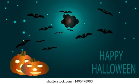 Happy Halloween.Orange pumpkins. Night sky.Bat. Moon and inscription.Vector illustration.