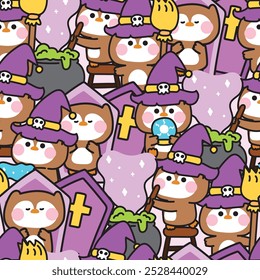 Happy halloween.Repeat.Seamless pattern of cute owl witch in various poses halloween festival background.Magic,poison,broom hand drawn.Animal cartoon.Kawaii.Vector.Illustration.