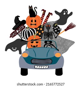 Happy Halloween!Retro car with human skeleton  in gray raincoat with hood.Orange pumpkins with cut aut faces, ghosts,cat, witch's feet and  broom.Vector background for printing on fabric and paper.