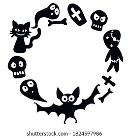 Happy Halloween-round frame with holiday characters-cat, zombie, bones, skulls, bat, ghosts. Festive border, background or title for greeting card, invitation, party, poster, banner