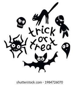 Happy Halloween-round frame of holiday design characters-cat, zombie, skull, spider, bat, ghost. Trick or treat-lettering. Festive border, title for greeting card, invitation, party poster, banner