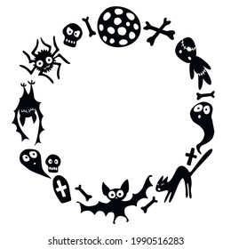 Happy Halloween-round frame of holiday design characters-cat, zombie, skull, spider, bat, ghost. Festive border, title for greeting card, invitation, party poster, banner