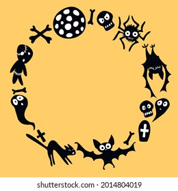 Happy Halloween-round frame of holiday design characters-cat, zombie, skull, spider, bat, ghost. Festive border, title for greeting card, invitation, party poster, banner