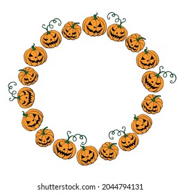 Happy Halloween-round frame of holiday design characters-pumpkin, Jack lantern. Festive border, background or title for greeting card, invitation, party, poster, banner