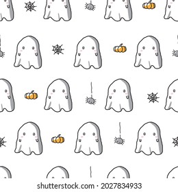 Happy Halloween's Day. Happy cute ghost seamless pattern with spider, spider web and pumpkin.