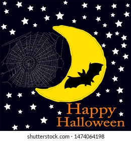 Happy Halloween.Scary scene with moon,stars,combwebs and flying bet in the night.Spooky.Horror.Tips and tricks.
