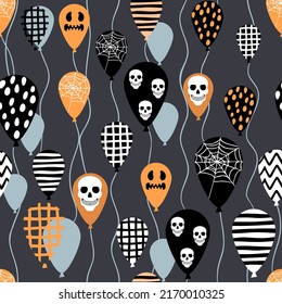 Happy Halloween!Seamless pattern with balloons,decorated skulls,webs,lines and dots.Colorful background for printing on fabric and paper.Vector hand drawn illustration for design card,cover.