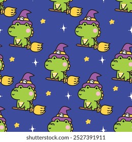 Happy halloween.Seamless pattern of cute crocodile witch broom with star on night background.Animal character cartoon.Kawaii.Vector.Illustration.