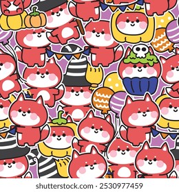 Happy halloween.Seamless pattern of cute fox sticker in halloween festival background.Cupcake,balloon,pumpkin hand drawn.Witch.Night.Animal cartoon.Kawaii.Vector.Illustration.