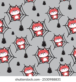 Happy halloween.Seamless pattern of cute fox cry and stuck on spider web background.Spider.Night.Animal cartoon.Kawaii.Vector.Illustration.