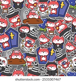 Happy halloween.Seamless pattern of cute fox in various poses sticker in halloween festival background.Witch,dracula,zombies hand drawn.Night.Animal cartoon.Kawaii.Vector.Illustration.