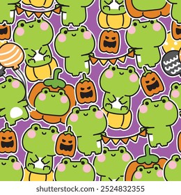 Feliz halloween. Patrón sin fisuras de rana linda en varias poses fondo de la etiqueta engomada. Calabaza, globo, caramelo dibujado a mano. Dibujos animados de personajes de reptiles animales. Kawaii. Vector. Ilustración.