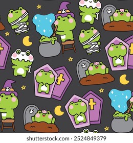 Happy halloween.Seamless pattern of cute frog in various poses night sky background.Moon,star,grave,coffin,witch hand drawn.Animal reptile character cartoon.Kawaii.Vector.Illustration.