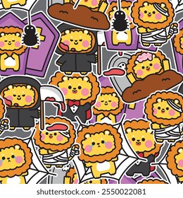 Happy halloween.Seamless pattern of cute lion in various poses sticker background.Devil,zombies,dracula,spider hand drawn.Animal cartoon.Kawaii.Vector.Illustration.