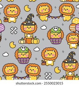 Happy halloween.Seamless pattern of cute lion in various poses cloud and moon background.Pumpkin,cupcake,balloon hand drawn.Witch.Animal cartoon.Kawaii.Vector.Illustration.