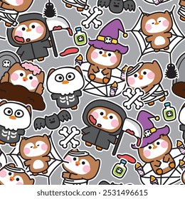 Happy halloween.Seamless pattern of cute owl in various poses sticker halloween festival background.Poison,bat,spider hand drawn.Witch.Devil.Zombies.Night.Animal cartoon.Kawaii.Vector.Illustration.