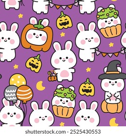 Happy halloween.Seamless pattern of cute rabbit in various poses halloween festival.Pumpkin,cupcake,balloon hand drawn.Moon.Star.Night.Animal cartoon.Kawaii.Vector.Illustration.