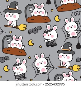 Happy halloween.Seamless pattern of cute rabbit in various poses halloween festival background.Spider web,bat,grave hand drawn.Witch.Zombies.Moon.Star.Night.Animal cartoon.Kawaii.Vector.Illustration.