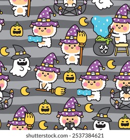 Happy halloween.Seamless pattern of cute sheep witch various poses background.Pumpkin,poison,moon,broom.Animal character cartoon.Kawaii.Vector.Illustration.