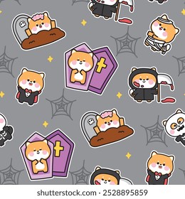 Feliz halloween. Patrón sin fisuras de lindo perro shiba inu en varias poses con fondo de Web de araña. Diablo, zombis, dracula dibujado a mano. Dibujos animados de animales. Kawaii. Vector