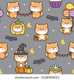 Happy halloween.Seamless pattern of cute shiba inu dog in various poses on moon and star night sky background.Bat,pumpkin,witch hand drawn.Animal cartoon.Kawaii.Vector