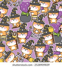 Happy halloween.Seamless pattern of cute shiba inu dog witch sticker background.Poison,magic,broom hand drawn.Animal cartoon.Kawaii.Vector.Illustration