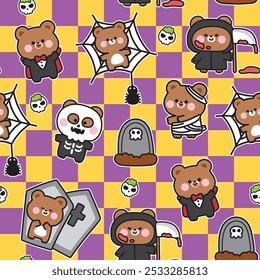 Feliz halloween. Patrón sin fisuras de lindo oso de peluche en varias poses fondo de festival de halloween. Ataúd, araña, tumba dibujada a mano. Zombies. Drácula. Dibujos animados de animales. Kawaii. Vector. Ilustración.