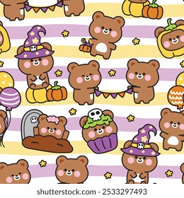 Happy halloween.Seamless pattern of cute teddy bear in various poses background.Balloon,grave,cupcake,pumpkin hand drawn.Witch.Animal cartoon.Kawaii.Vector.Illustration.