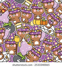 Happy halloween.Seamless pattern of cute teddy bear in various poses sticker background.Poison,pumpkin,broom hand drawn.Witch.Animal cartoon.Kawaii.Vector.Illustration.