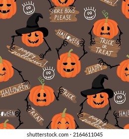 Happy Halloween!Seamless pattern with orange pumpkin,hand lettered text and doodle elements.Background and texture for printing on fabric and paper.Trick or treat event decoration.Vector illustration.