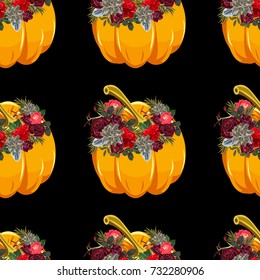 Happy Halloween.Seamless pattern with pumpkins. Design for fabric, wallpaper, gift wrapping.Vintage festive background