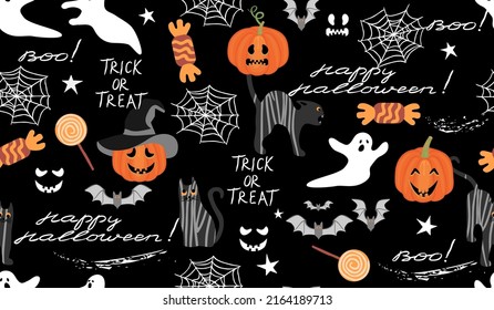 Happy Halloween!Seamless pattern and pumpkins cobwebs ghosts cats bats  sweets   lettering Vector background   texture for printing fabric   paper Trick treat event decoration 
