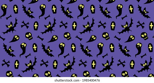 Happy Halloween-seamless pattern with set of characters-bats, ghosts, skulls and bones. Textured background for greeting card, invitation, party poster, banner