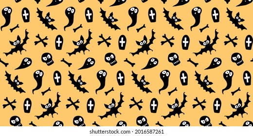 Happy Halloween-seamless pattern with set of characters-bats, ghosts, skulls and bones. Textured background for greeting card, invitation, party poster, banner