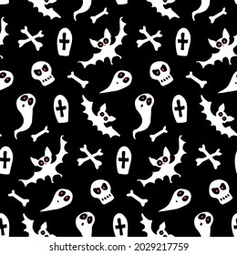 Happy Halloween-seamless pattern with set of characters-bats, ghosts, skulls and bones. Textured background for greeting card, invitation, party poster, banner