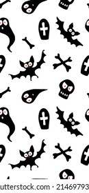 Happy Halloween-seamless pattern with set of characters-bats, ghosts, skulls and bones. Textured background for greeting card, invitation, party poster, banner