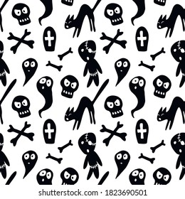 Happy Halloween-seamless pattern with set of characters-witch's black cat, zombie, ghost, skull. Textured background for greeting card, invitation, party poster, banner