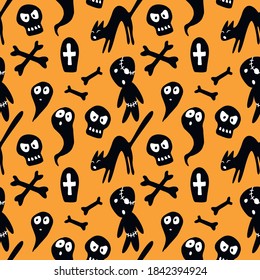 Happy Halloween-seamless pattern with set of characters-witch's black cat, zombie, ghost, skull. Textured background for greeting card, invitation, party poster, banner