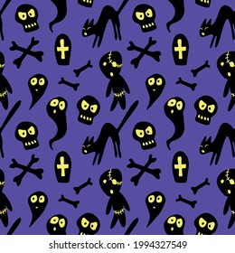 Happy Halloween-seamless pattern with set of characters-witch's black cat, zombie, ghost, skull. Textured background for greeting card, invitation, party poster, banner