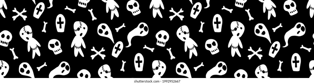 Happy Halloween-seamless pattern with set of characters-zombies, ghosts, skulls and bones. Textured background for greeting card, invitation, party poster, banner
