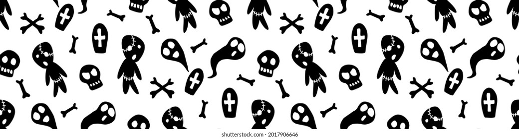 Happy Halloween-seamless pattern with set of characters-zombies, ghosts, skulls and bones. Textured background for greeting card, invitation, party poster, banner