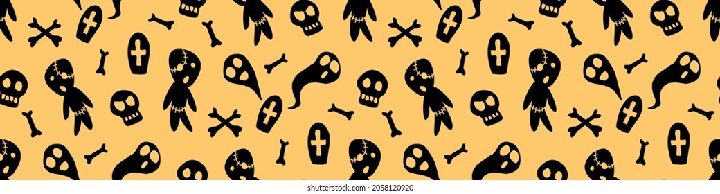 Happy Halloween-seamless pattern with set of characters-zombies, ghosts, skulls and bones. Textured background for greeting card, invitation, party poster, banner