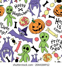 Happy Halloween-seamless pattern with set of icons-pumpkin, Jack lantern, zombie, bat, candy. Funny colorful holiday background, texture for greeting card, wrapping paper, party poster