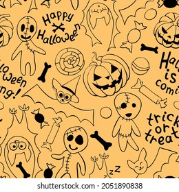 Happy Halloween-seamless pattern with set of icons-pumpkin, Jack lantern, zombie, bat, candy. Funny holiday background, texture for greeting card, invitation, party poster