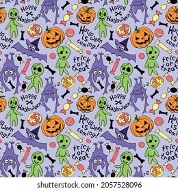 Happy Halloween-seamless pattern with set of icons-pumpkin, Jack lantern, zombie, bat, candy. Funny colorful holiday background, texture for greeting card, wrapping paper, party poster