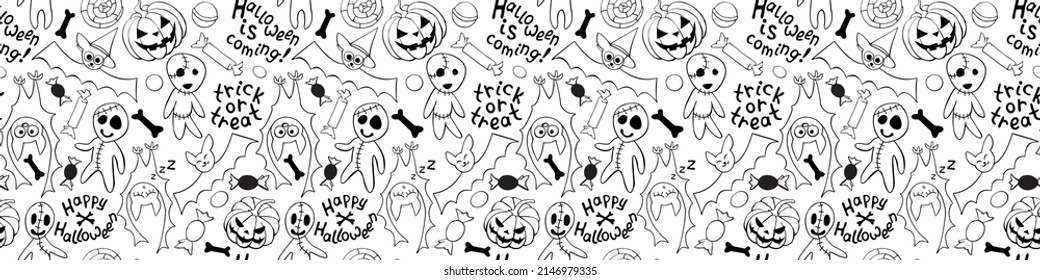 Feliz patrón ininterrumpido de Halloween con un conjunto de íconos-calabaza, linterna de Jack, zombie, murciélago, caramelos. Funny fondo de vacaciones, textura para tarjeta de saludo, invitación, afiche de fiesta, cartel