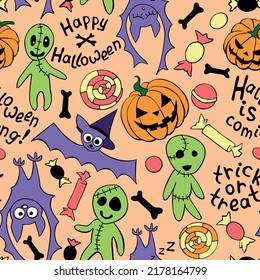 Happy Halloween-seamless Pattern With Set Of Icons-pumpkin, Jack Lantern, Zombie, Bat, Candy. Funny Colorful Holiday Background, Texture For Greeting Card, Wrapping Paper, Party Poster