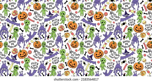 Happy Halloween-seamless pattern with set of icons-pumpkin, Jack lantern, zombie, bat, candy. Funny colorful holiday background, texture for greeting card, wrapping paper, party poster