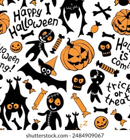 Happy Halloween-seamless pattern with set of icons-pumpkin, Jack lantern, zombie, bat, candy. Funny holiday background, texture for greeting card, wrapping paper, party poster