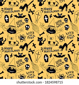 Happy Halloween-seamless pattern with set of icons-witch, broom, bones, black cat, spider, bat and inscriptions. Textured background for greeting card, invitation, party poster, banner